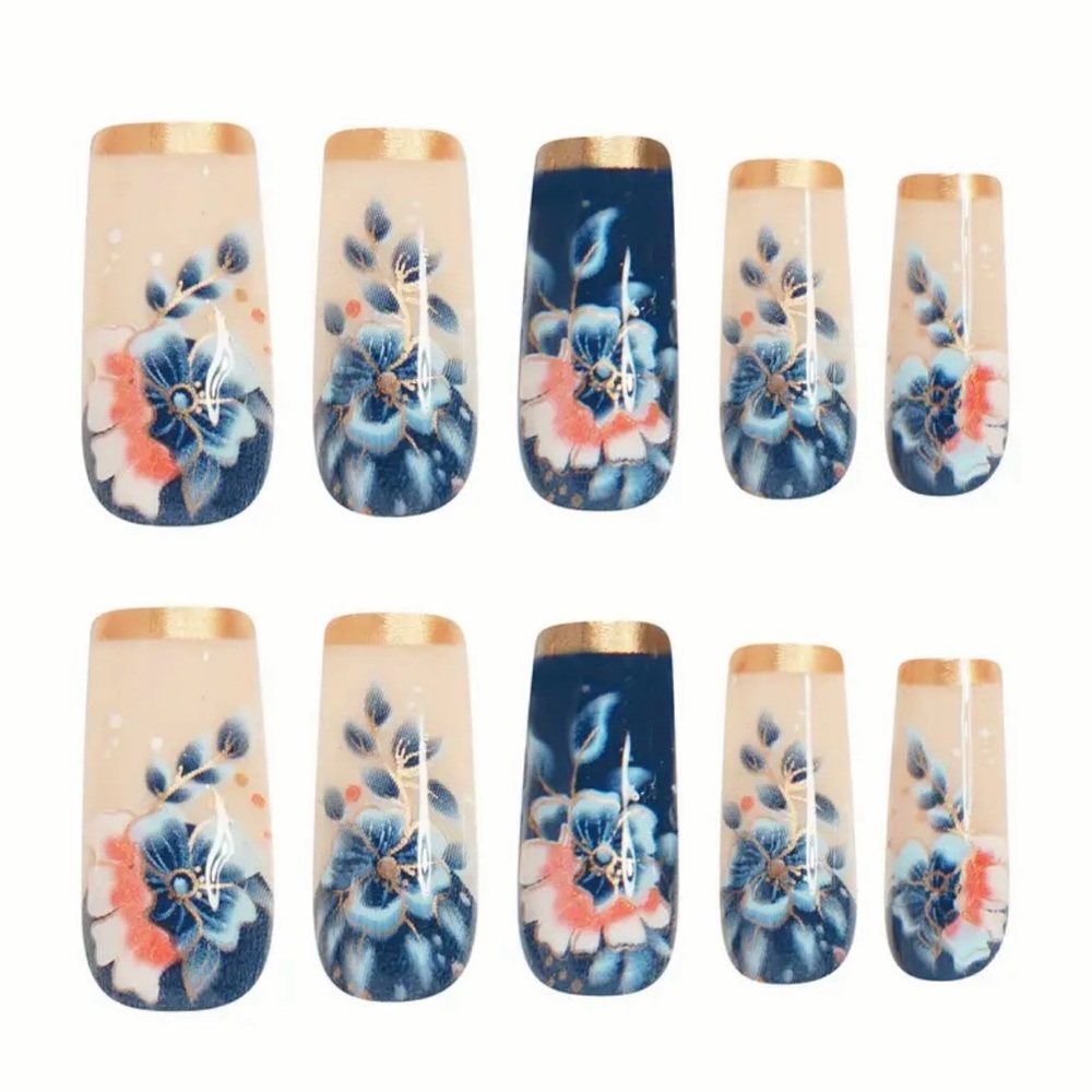 Floral Blue and Cream Press-On Nails, NEW - Picture 2 of 6